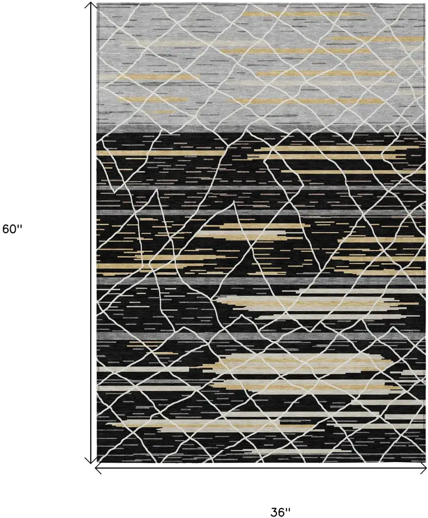 Black Gray And Ivory Striped Washable Indoor Outdoor Area Rug Photo 3
