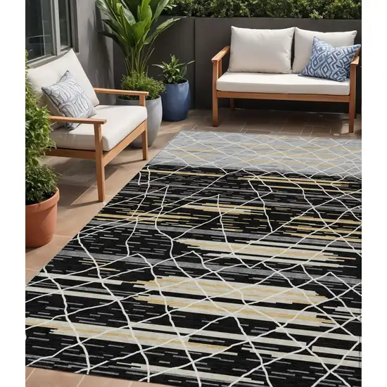 Black Gray And Ivory Striped Washable Indoor Outdoor Area Rug Photo 1