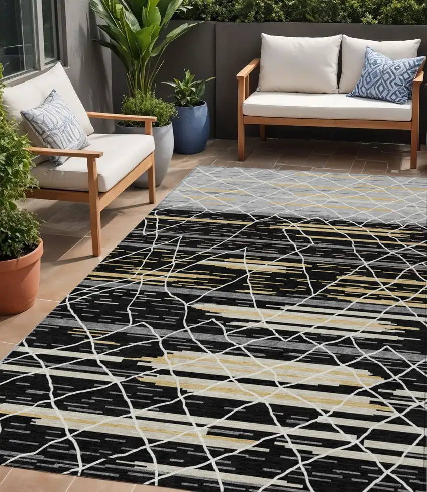 Black Gray And Ivory Striped Washable Indoor Outdoor Area Rug Photo 1
