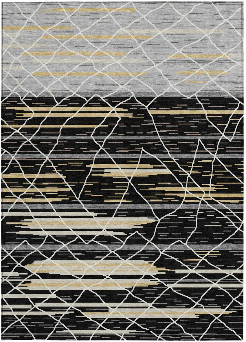 Black Gray And Ivory Striped Washable Indoor Outdoor Area Rug Photo 8