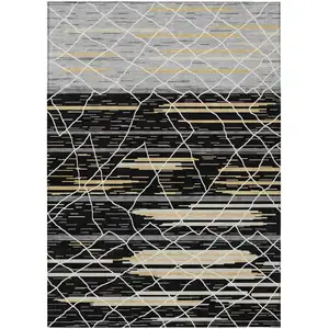 Photo of Black Gray And Ivory Striped Washable Indoor Outdoor Area Rug