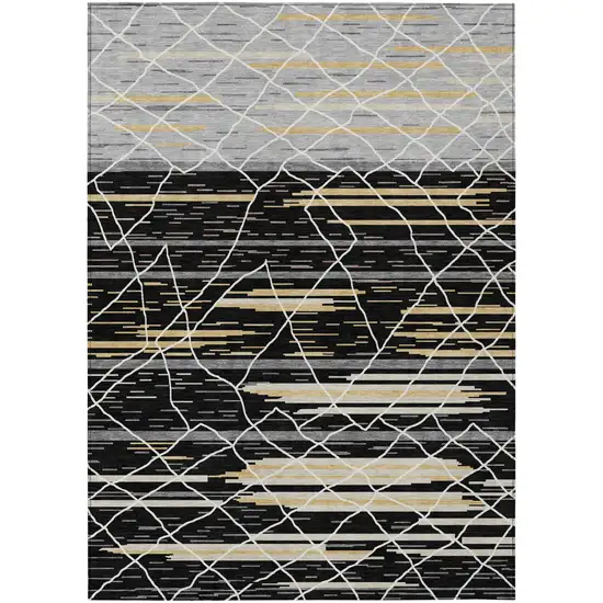 Black Gray And Ivory Striped Washable Indoor Outdoor Area Rug Photo 2