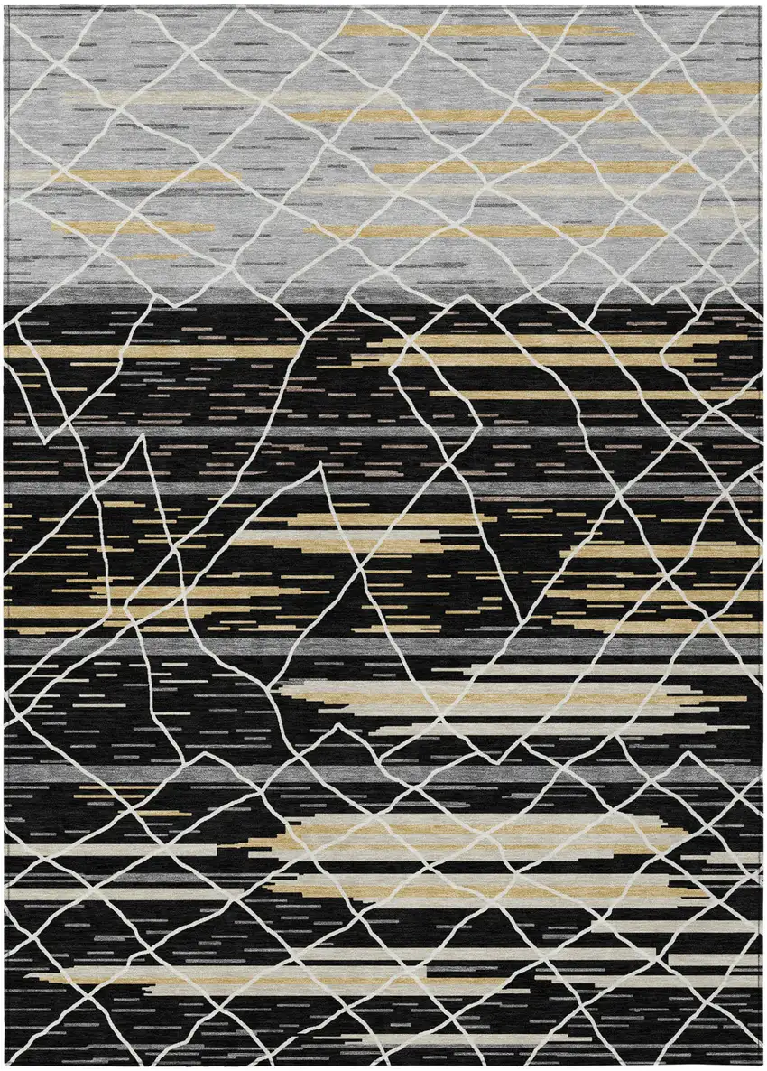 Black Gray And Ivory Striped Washable Indoor Outdoor Area Rug Photo 2