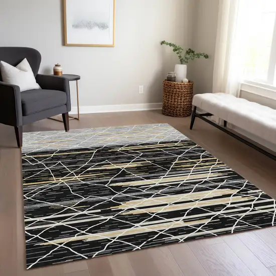 Black Gray And Ivory Striped Washable Indoor Outdoor Area Rug Photo 9