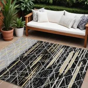 Photo of Black Gray And Ivory Striped Washable Indoor Outdoor Area Rug
