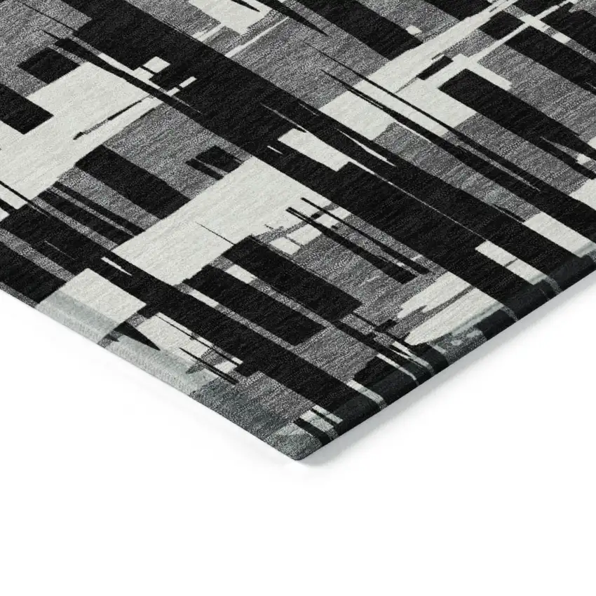 Black Gray And Ivory Striped Washable Indoor Outdoor Area Rug Photo 5