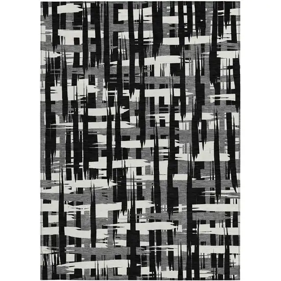 Black Gray And Ivory Striped Washable Indoor Outdoor Area Rug Photo 4