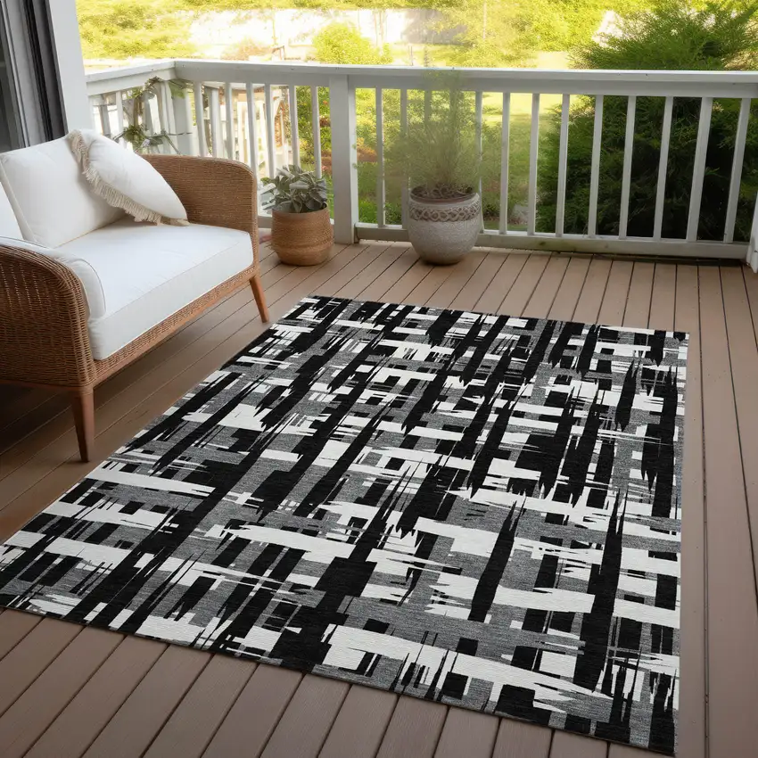 Black Gray And Ivory Striped Washable Indoor Outdoor Area Rug Photo 5