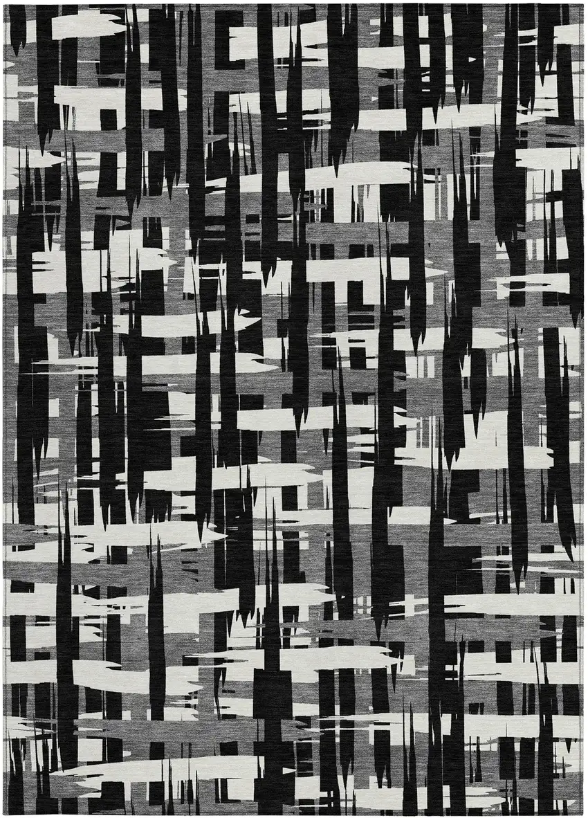 Black Gray And Ivory Striped Washable Indoor Outdoor Area Rug Photo 3
