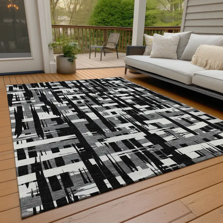 Black Gray And Ivory Striped Washable Indoor Outdoor Area Rug Photo 8