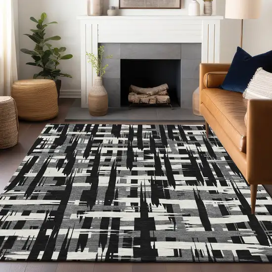 Black Gray And Ivory Striped Washable Indoor Outdoor Area Rug Photo 6