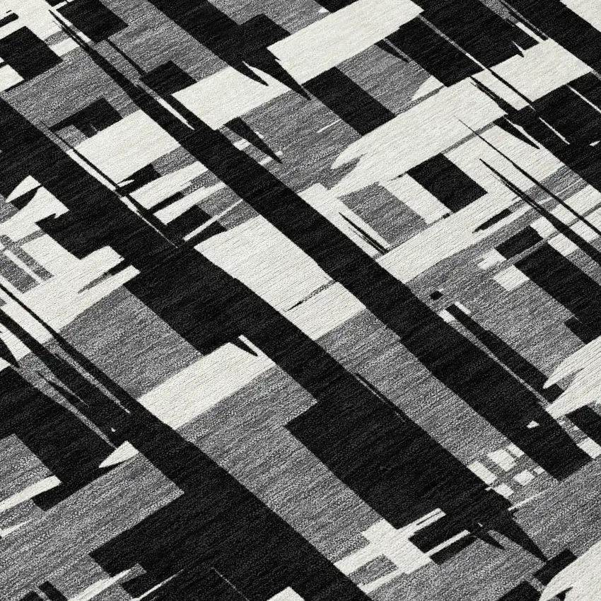 Black Gray And Ivory Striped Washable Indoor Outdoor Area Rug Photo 6