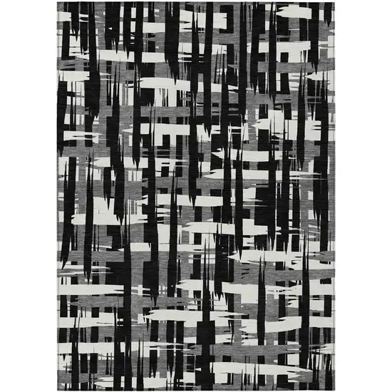 Black Gray And Ivory Striped Washable Indoor Outdoor Area Rug Photo 1