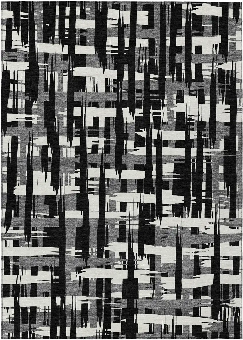 Black Gray And Ivory Striped Washable Indoor Outdoor Area Rug Photo 1