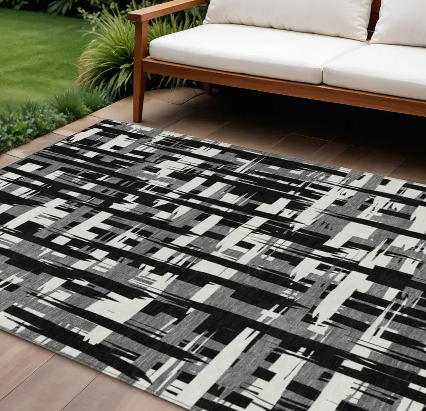 Black Gray And Ivory Striped Washable Indoor Outdoor Area Rug Photo 2
