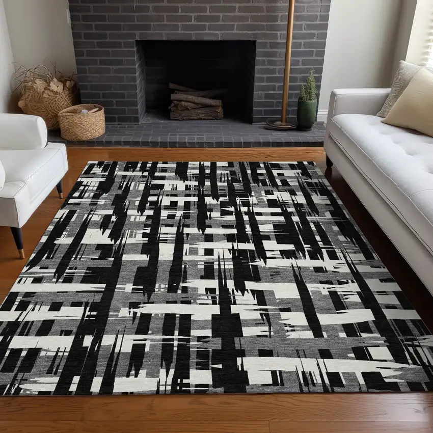 Black Gray And Ivory Striped Washable Indoor Outdoor Area Rug Photo 8