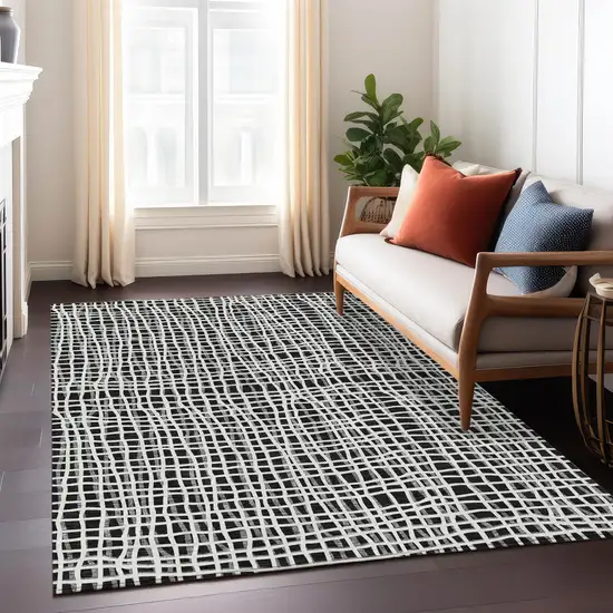 Black Gray And Ivory Striped Washable Indoor Outdoor Area Rug Photo 9