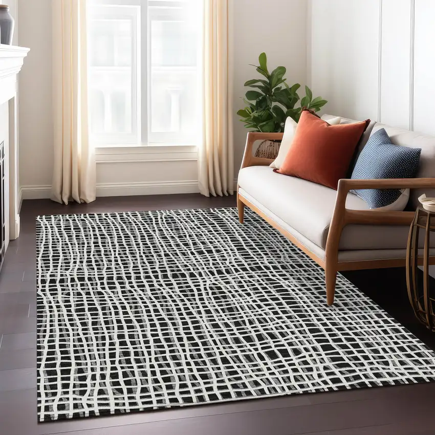 Black Gray And Ivory Striped Washable Indoor Outdoor Area Rug Photo 9