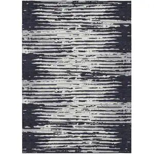 Photo of Black Gray And Ivory Striped Washable Indoor Outdoor Area Rug