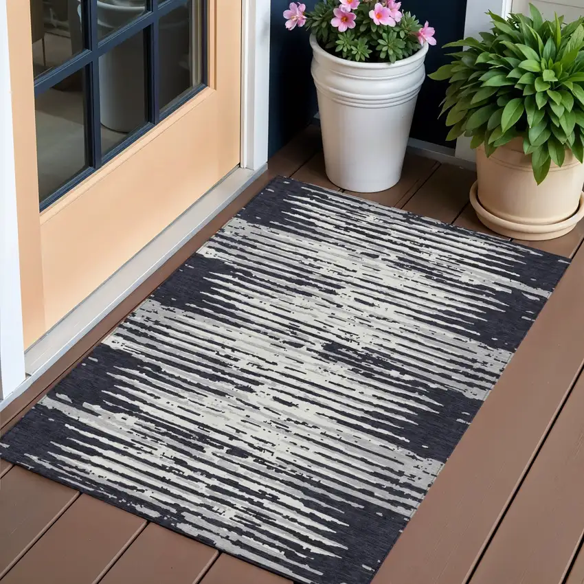 Black Gray And Ivory Striped Washable Indoor Outdoor Area Rug Photo 1