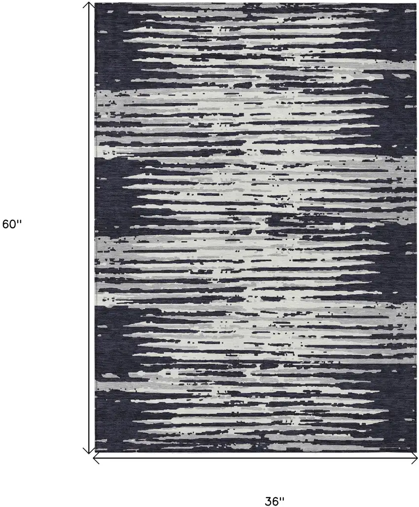 Black Gray And Ivory Striped Washable Indoor Outdoor Area Rug Photo 3