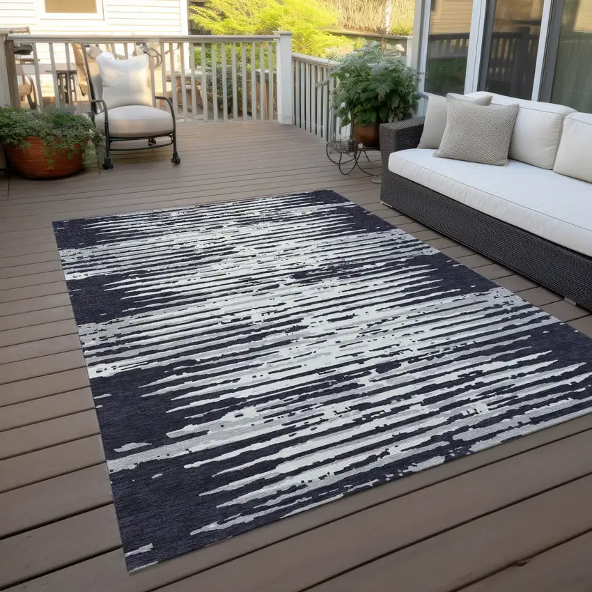 Black Gray And Ivory Striped Washable Indoor Outdoor Area Rug Photo 8