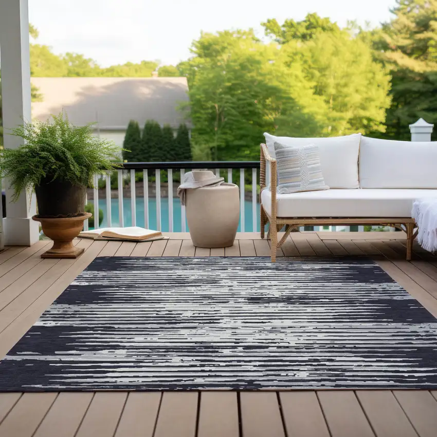 Black Gray And Ivory Striped Washable Indoor Outdoor Area Rug Photo 9