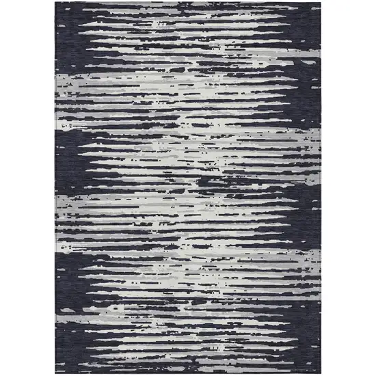 Black Gray And Ivory Striped Washable Indoor Outdoor Area Rug Photo 1