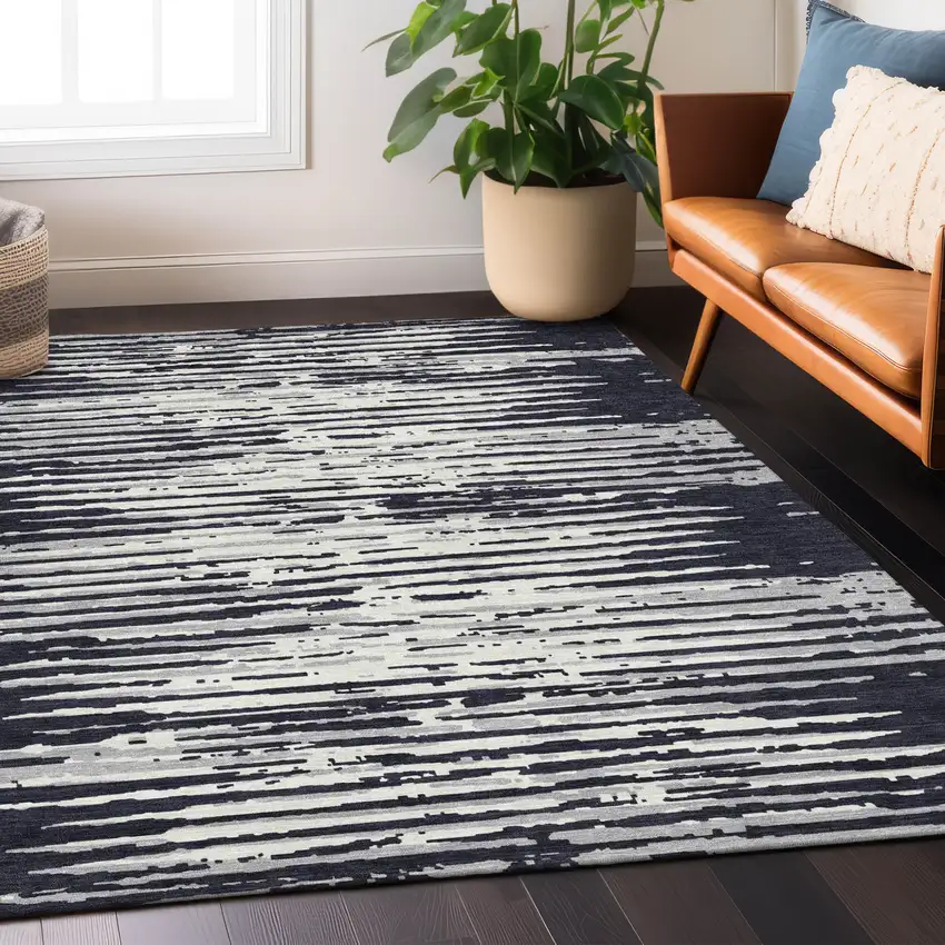 Black Gray And Ivory Striped Washable Indoor Outdoor Area Rug Photo 9