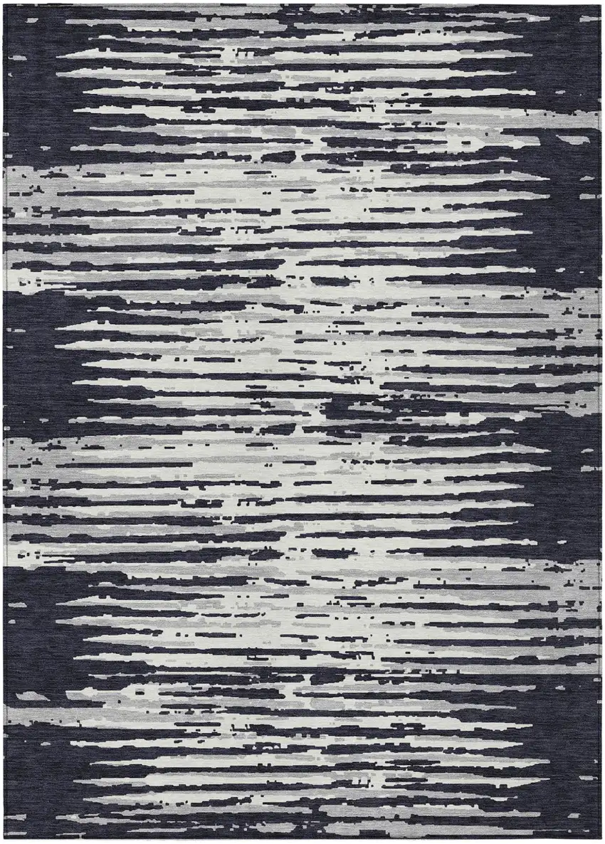 Black Gray And Ivory Striped Washable Indoor Outdoor Area Rug Photo 2