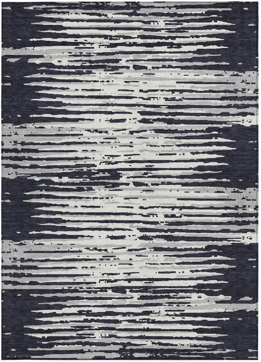 Black Gray And Ivory Striped Washable Indoor Outdoor Area Rug Photo 7