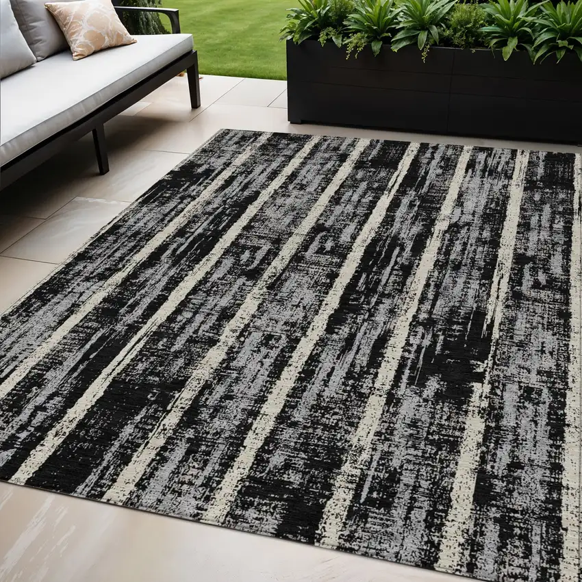 Black Gray And Ivory Striped Washable Indoor Outdoor Area Rug Photo 1