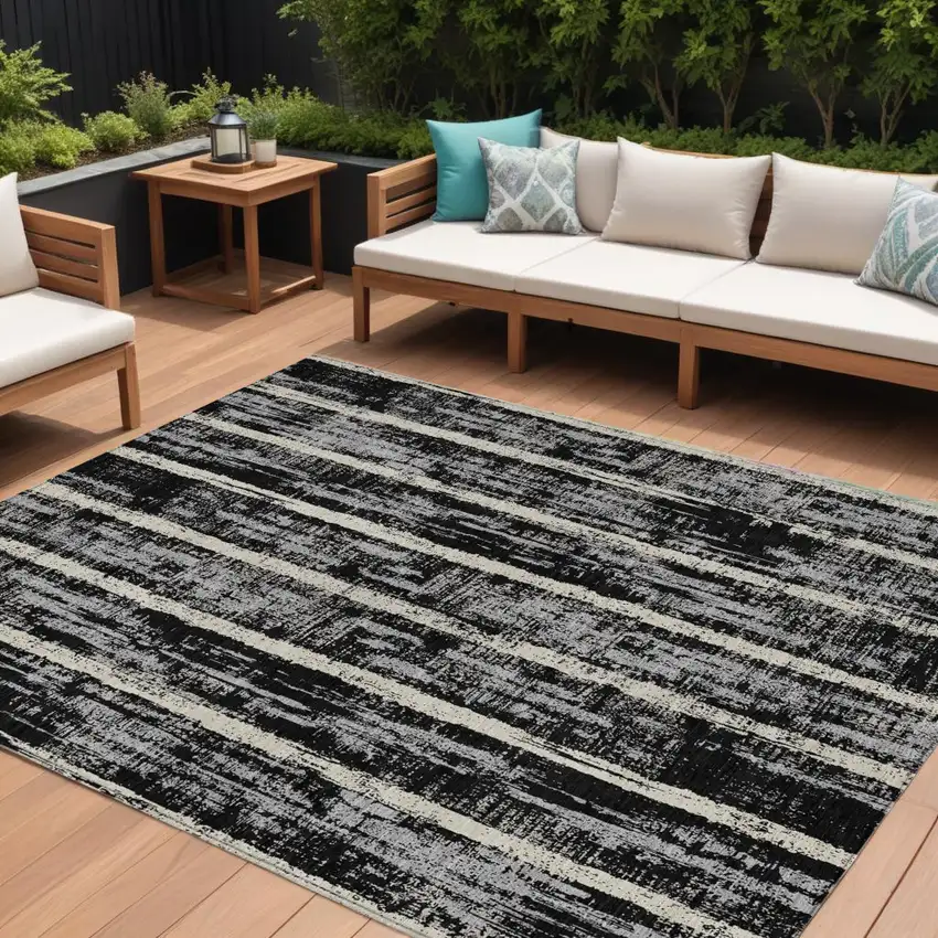 Black Gray And Ivory Striped Washable Indoor Outdoor Area Rug Photo 1