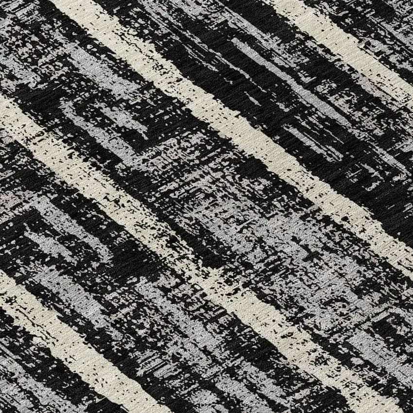 Black Gray And Ivory Striped Washable Indoor Outdoor Area Rug Photo 8