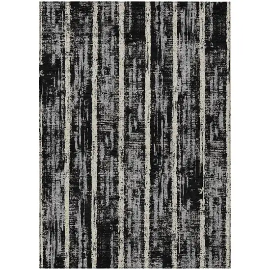Black Gray And Ivory Striped Washable Indoor Outdoor Area Rug Photo 2
