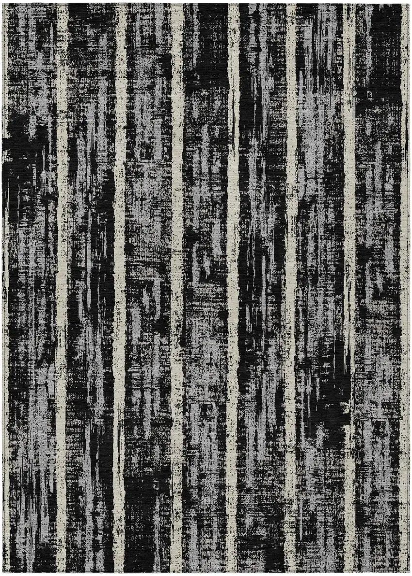Black Gray And Ivory Striped Washable Indoor Outdoor Area Rug Photo 2