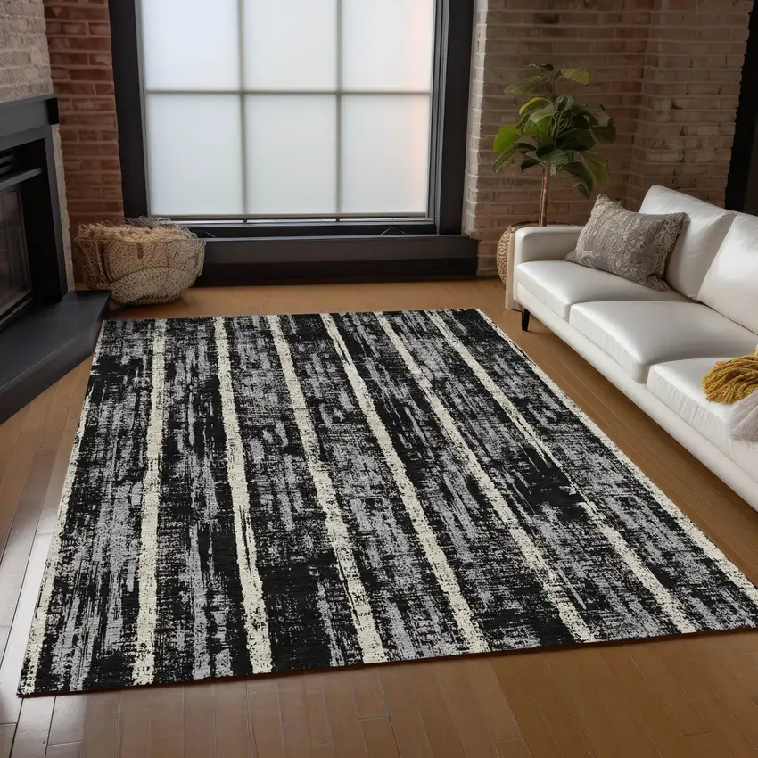 Black Gray And Ivory Striped Washable Indoor Outdoor Area Rug Photo 9