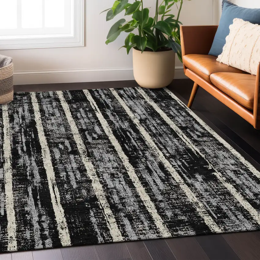 Black Gray And Ivory Striped Washable Indoor Outdoor Area Rug Photo 9