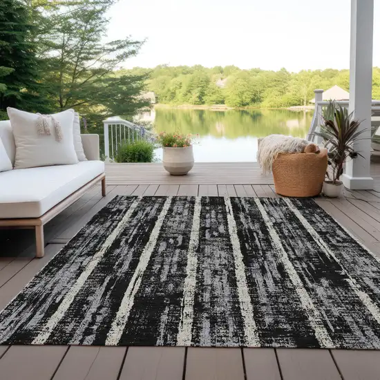 Black Gray And Ivory Striped Washable Indoor Outdoor Area Rug Photo 8