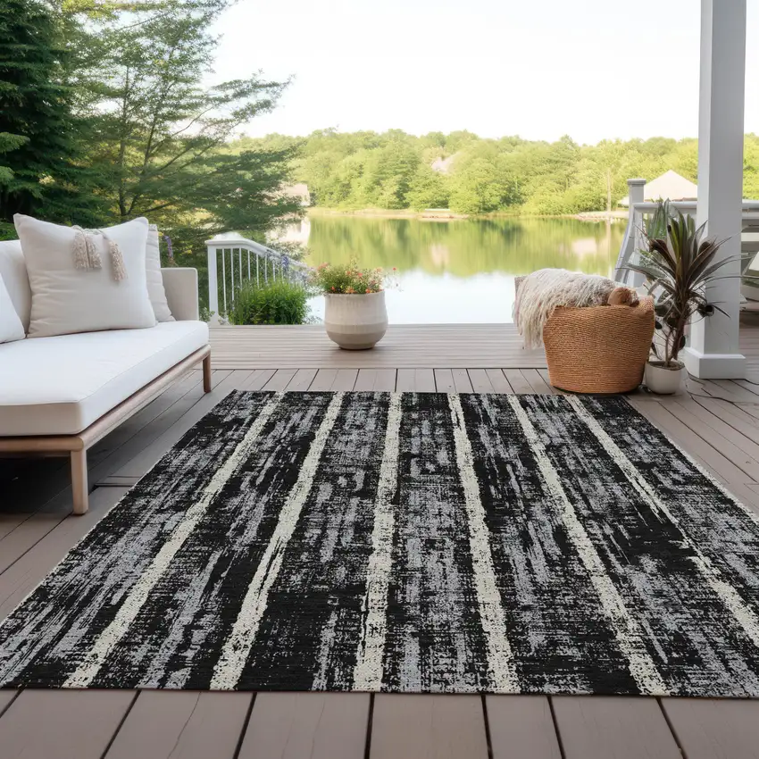 Black Gray And Ivory Striped Washable Indoor Outdoor Area Rug Photo 8