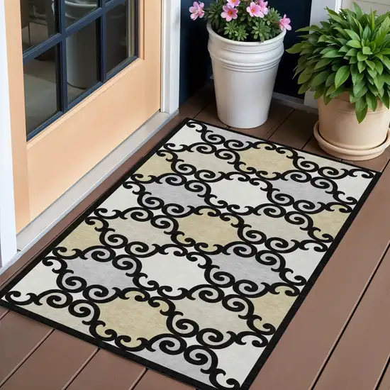 Black Gray And Ivory Trellis Washable Indoor Outdoor Area Rug Photo 1