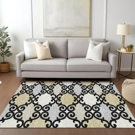 Black Gray And Ivory Trellis Washable Indoor Outdoor Area Rug Photo 9