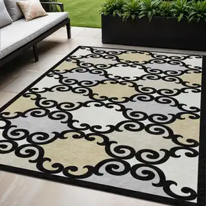 Photo of Black Gray And Ivory Trellis Washable Indoor Outdoor Area Rug