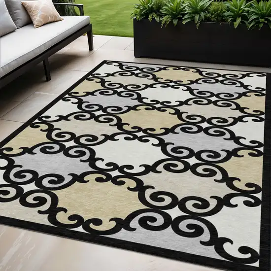 Black Gray And Ivory Trellis Washable Indoor Outdoor Area Rug Photo 1