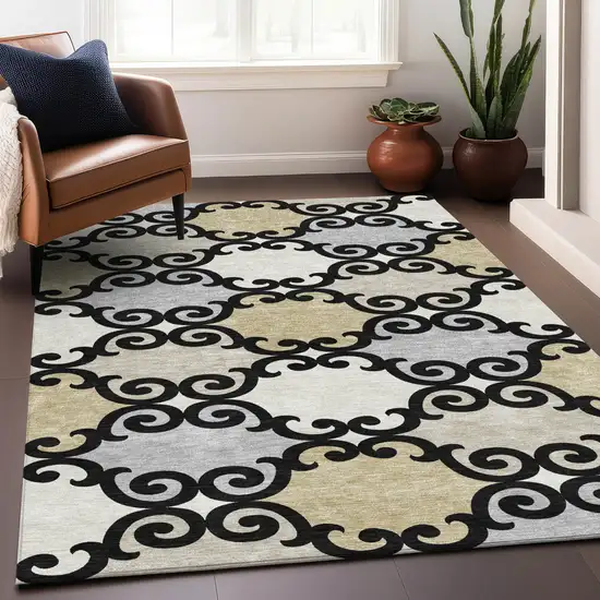 Black Gray And Ivory Trellis Washable Indoor Outdoor Area Rug Photo 9