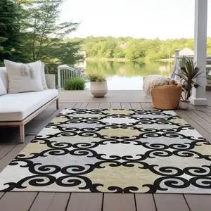 Photo of Black Gray And Ivory Trellis Washable Indoor Outdoor Area Rug