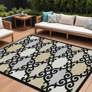 Photo of Black Gray And Ivory Trellis Washable Indoor Outdoor Area Rug