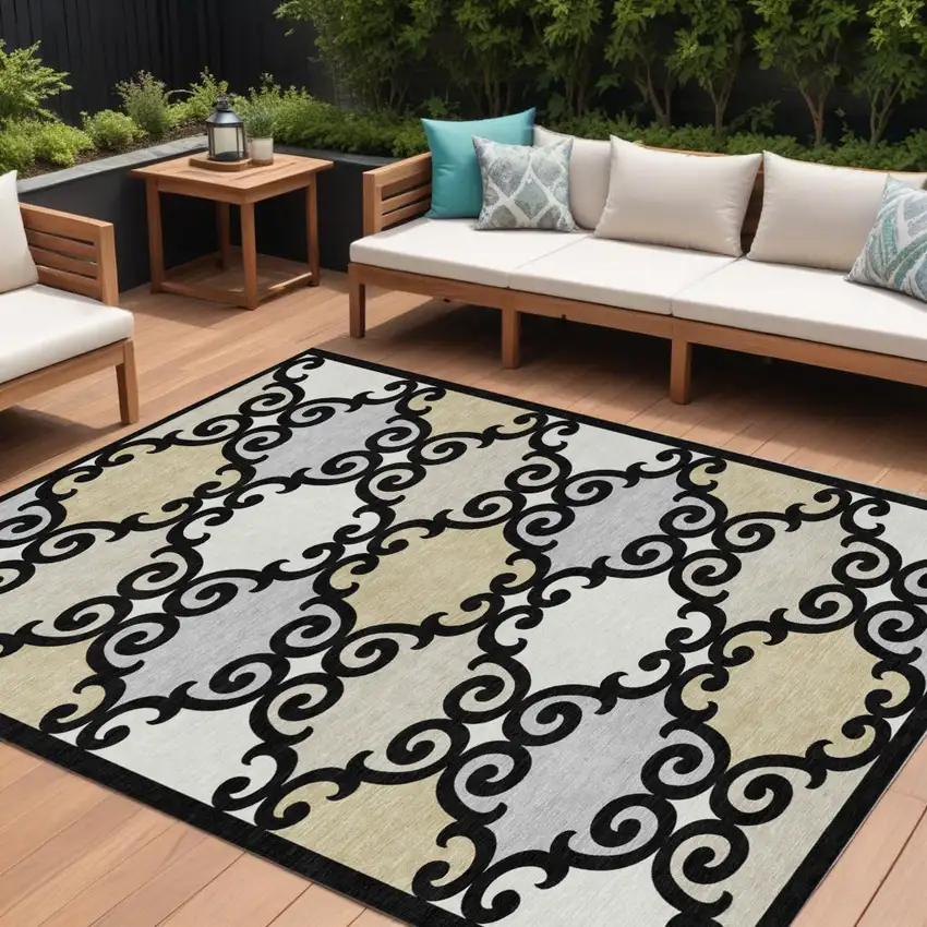 Black Gray And Ivory Trellis Washable Indoor Outdoor Area Rug Photo 1
