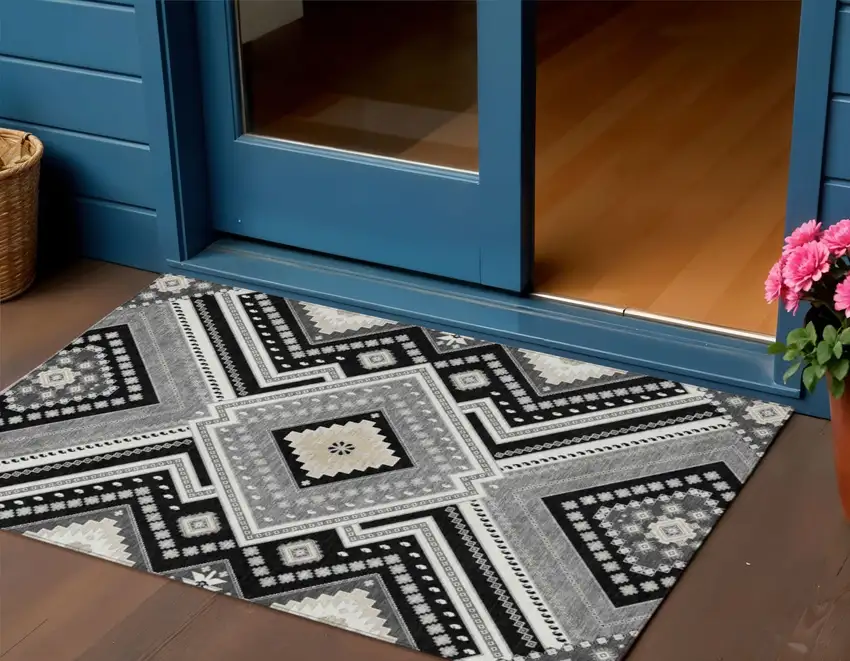 Black Gray And Ivory Tribal Washable Indoor Outdoor Area Rug Photo 1
