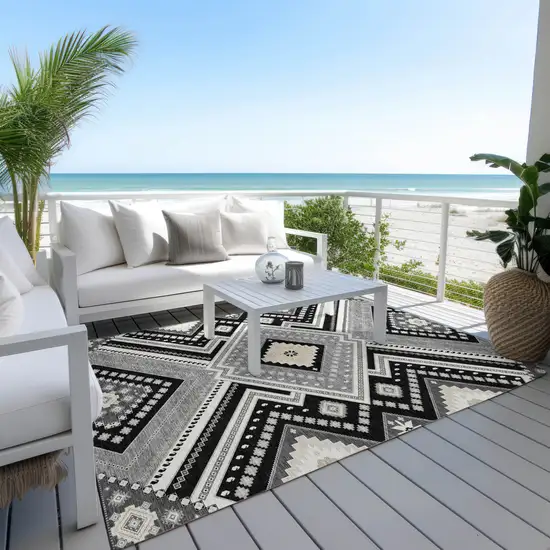 Black Gray And Ivory Tribal Washable Indoor Outdoor Area Rug Photo 9